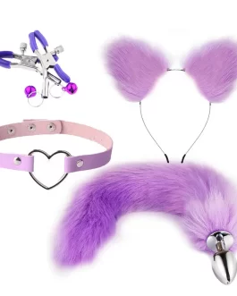 Costume Fox Tail Anal Butt Plug Cat Ears Headbands Set Adult Games Nipple Clip Neck Collar Pink in color
