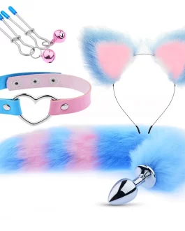 Costume Fox Tail Anal Butt Plug Cat Ears Headbands Set Adult Games Nipple Clip Neck Collar Pink in color